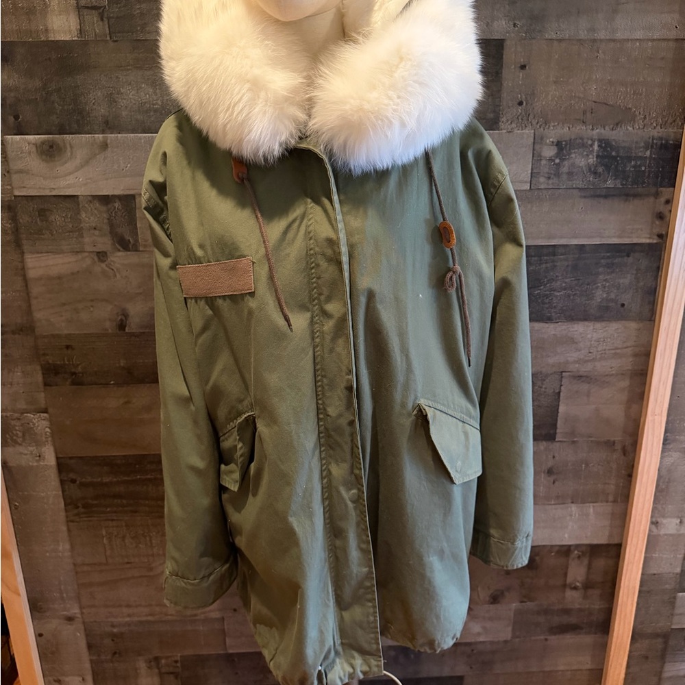 Green Parka with White Fur Trim